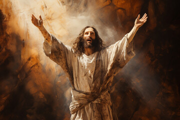 A triumphant image of Jesus resurrected, emerging from the tomb, symbolizing victory over death Generative AI