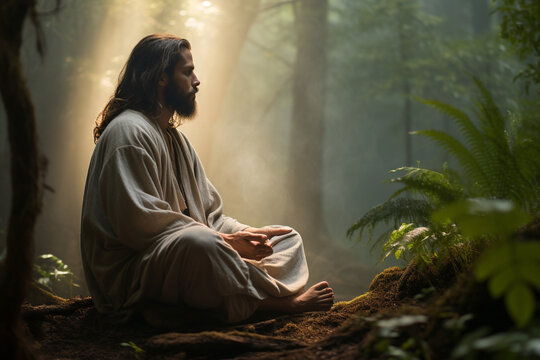 A contemplative picture of Jesus meditating in solitude, seeking spiritual connection with God Generative AI
