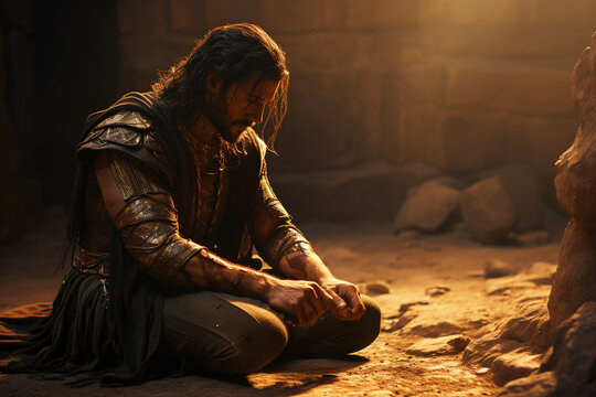 A heartfelt picture of King David expressing his repentance and seeking God's forgiveness with humility Generative AI