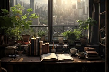 plants and books is on a desk near the window Generative AI