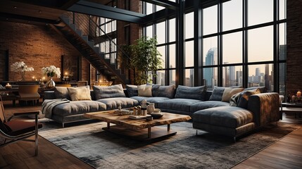 Interior of a living room, Penthouse Loft with dark stone walls with hardwood floors, Generative AI