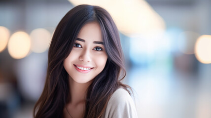 Fototapeta premium everyday life, indoor, teenage girl or young adult woman looking forward and smiling, multiethnic or asian, long brunette hair hairstyle, fictional location indoor