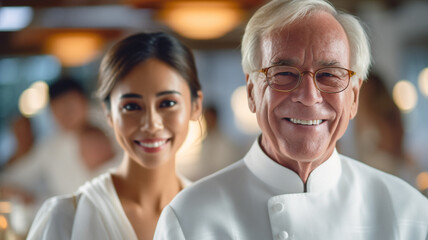 couple spending time together, everyday life in luxury, older caucasian man with gray thinning hair and glasses and younger multi ethnic or hispanic or asian woman, 20s 30s, couple in love