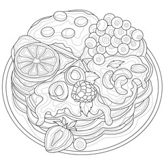 Wafers with fruits and berries.Coloring book antistress for children and adults. Illustration isolated on white background.Zen-tangle style. Hand draw