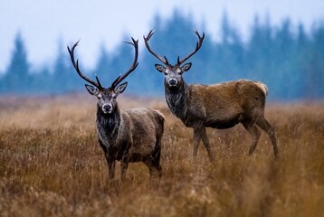 two Red deer stags  with large antlers in an open field near trees