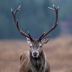 Closeup shot of a Red deer stag with its antlers spread wide, looking directly at the camera