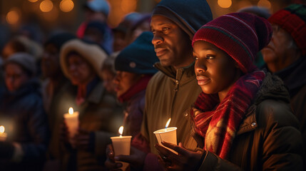Candlelight Vigil: A touching scene of an African Black community holding a candlelight vigil on Christmas Eve, symbolizing hope and unity