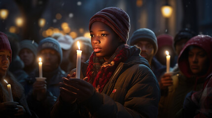 Candlelight Vigil: A touching scene of an African Black community holding a candlelight vigil on Christmas Eve, symbolizing hope and unity - obrazy, fototapety, plakaty