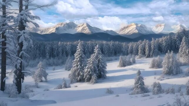 winter forest and snow covered mountains, frozen forest