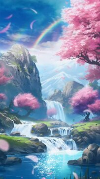Beautiful waterfall spring background with sakura. Potrait angle. Cherry blossoms tree with butterflies. Cherry blossoms rain. 4k infinite loop animation footage. Japanese anime painting style	
