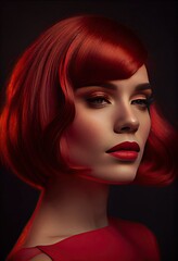 Fototapeta premium Beautiful brunette girl with red lips and bob hairstyle.