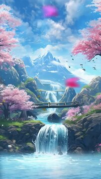 Beautiful waterfall spring background with sakura. Potrait angle. Cherry blossoms tree with butterflies. Cherry blossoms rain. 4k infinite loop animation footage. Japanese anime painting style	
