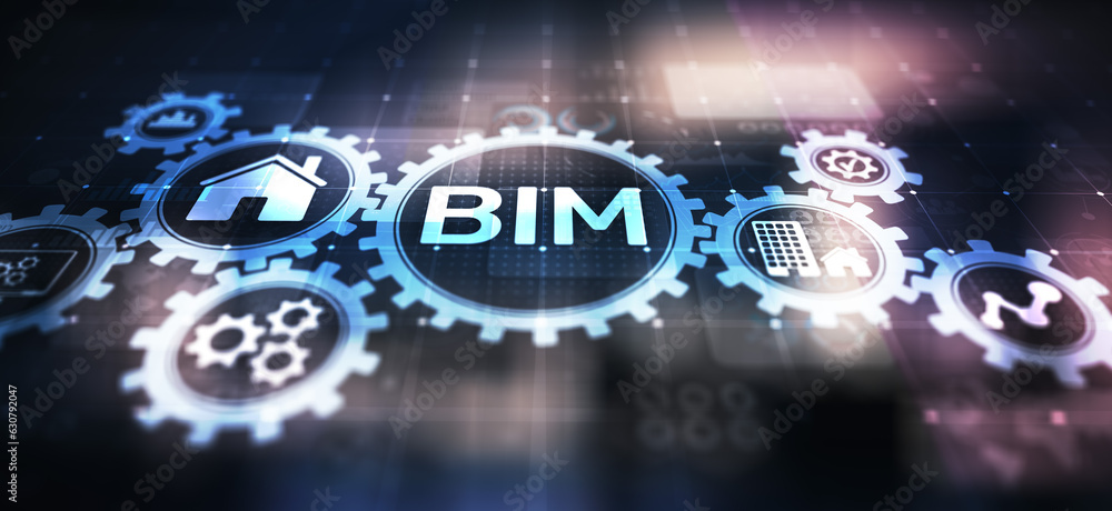 Poster bim building information modeling technology concept on virtual screen.