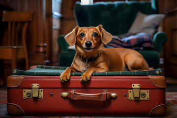 Cute dachshund on suitcase, travel with pet, pet friendly places, accommodation with dog in hotel