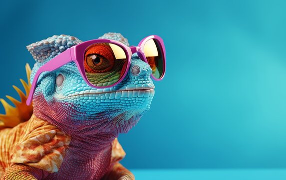 Photo of a chameleon wearing sunglasses against a vibrant blue background created with Generative AI technology