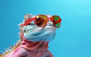 Photo of a chameleon wearing sunglasses against a vibrant blue background created with Generative AI technology