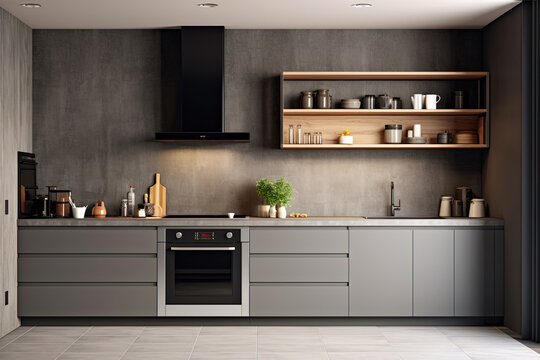 The modern kitchen features sleek grey counters, accompanied by a built-in oven and electric stove, combining both style and functionality for culinary endeavors
