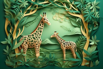 Fototapeta premium Silhouette of giraffe, landscape, paper cut style, nested shape layers, mom and baby, forest green, illustration