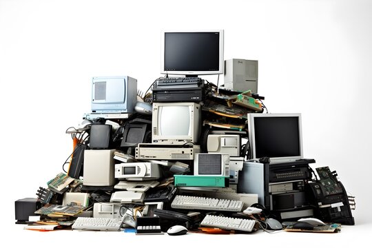 Piles of old computer hardware such as case and monitor, CD-ROMs, floppy disks, keyboard and mouse isolated on white background, ai generated.