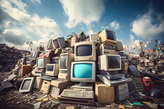 Piles of old computer hardware such as case and monitor, CD-ROMs, floppy disks, keyboard and mouse on the ground behind the sky, ai generated.