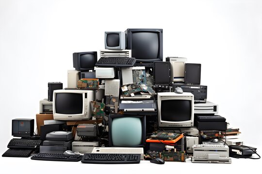 piles of old computer hardware such as case and monitor, CD-ROMs, floppy disks, keyboard and mouse isolated on white background, ai generated.