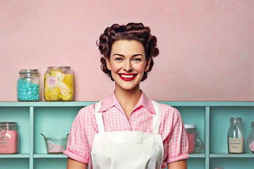 Happy retro stereotypical housewife woman on pastel background