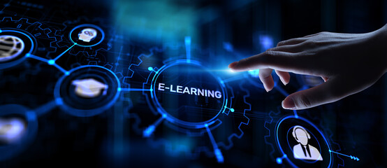 E-learning, Online education, internet studying. Business, technology and personal development concept on virtual screen.