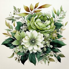 Green Wedding Invitation Card with Floral Design Watercolor Clipart