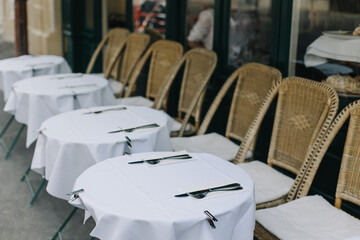 Empty cafe on a street in Paris, France.