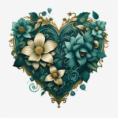 Awesome Detailed Floral Heart Emerald Wedding Illustration Clipart