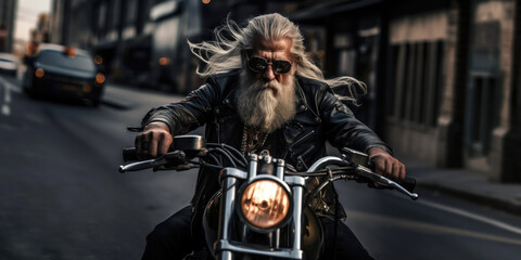 Old man biker riding chopper motorcycle. Generative AI