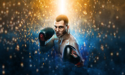 The Boxing. Sportsman muay thai boxer fighting in gloves on background with smoke and sparks. Copy...