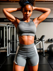 African American confident young woman wearing a sport tank top standing alone in a gym after a workout session. Fitness trainer standing in power pose, workout in gym. - 630796606