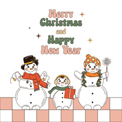 Vector illustration of merry Christmas and Happy New Yer lettering text sign. Retro inscription with snowmen. 2024 New Yer