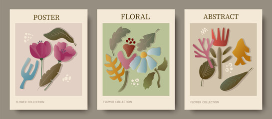 A set of abstract flower posters. Trendy botanical-style wall paintings with a floral pattern in earthy tones. Modern naive clockwork interior decorations, paintings. Vector art illustration.