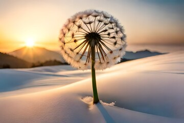 single dandelion in the snow at sunset