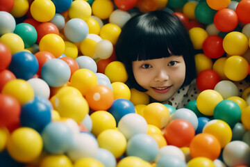 Fototapeta na wymiar funny little kids playing in ball and enjoying time in children entertainment and play area. Smiling little baby kid girl lying on multi colored plastic balls center. Generative AI.