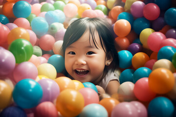 Fototapeta na wymiar funny little kids playing in ball and enjoying time in children entertainment and play area. Smiling little baby kid girl lying on multi colored plastic balls center. Generative AI.