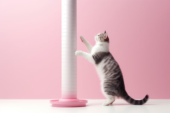 Cute fluffy cat plays and rubs her claws on scratching post with ropes. Light pastel pink colors. Creative banner of goods for animals, pet store. 3d render illustration style. 