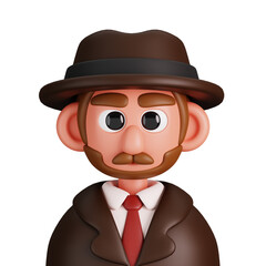 Portrait of a vintage detective with mustache and hat isolated. Essential workers avatar icons. Characters for social media, user profile, website and app. 3d Render illustration.
