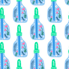 Fototapeta premium Seamless pattern with bottles and Scandinavian ornament.