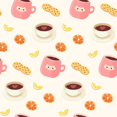 Seamless pattern of cookies, fruit, and coffee cups.