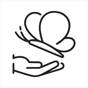Butterfly on hand icon. Vector and line