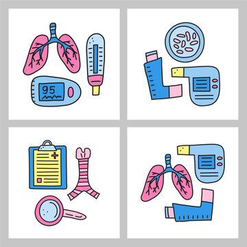 Groups of doodle colored pulmonology items.