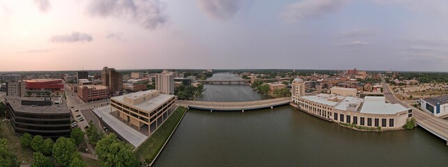 Panoramic shot of Rockford during the sunset in Illinois, the US