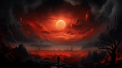Fotobehang Fantasie landschap red full moon