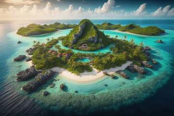 Foto auf Acrylglas Tropical island with palm trees and sand beach. ai generative © mrisrayilli
