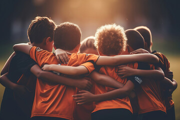 Multiracial boys sport team. Solidarity and team spirit. - obrazy, fototapety, plakaty