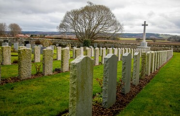 Fototapeta na wymiar Rows of gravestones in a cemetery