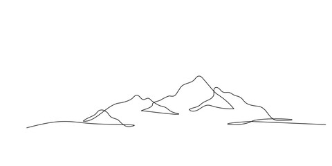 Continuous line drawing of mountain range landscape background. One single line pen drawing of mountain panoramic view. Line art style illustration of nature. Vector simple linear style. Handdrawn